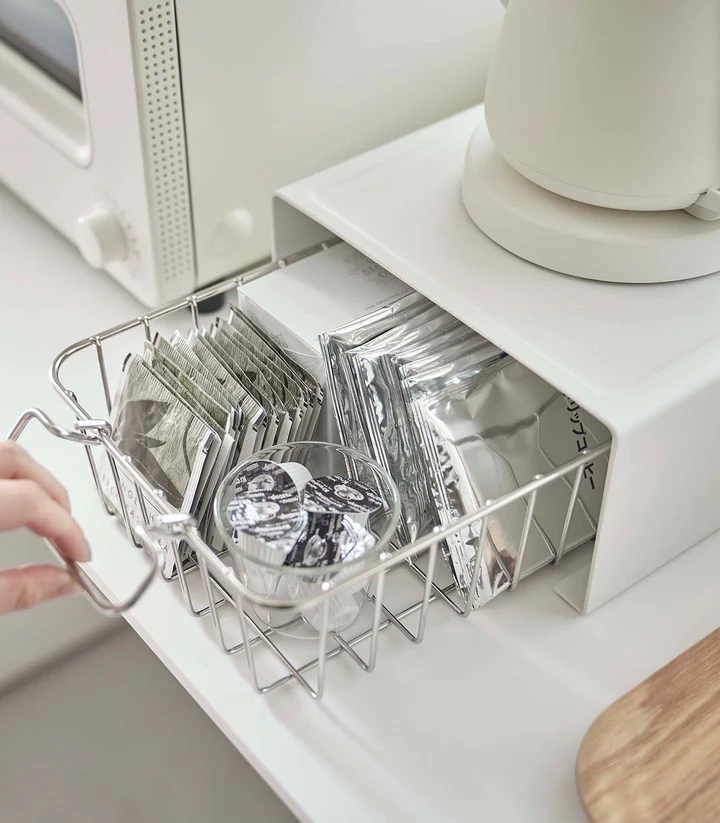 Minimalist steel rack for pantry and coffee station organization