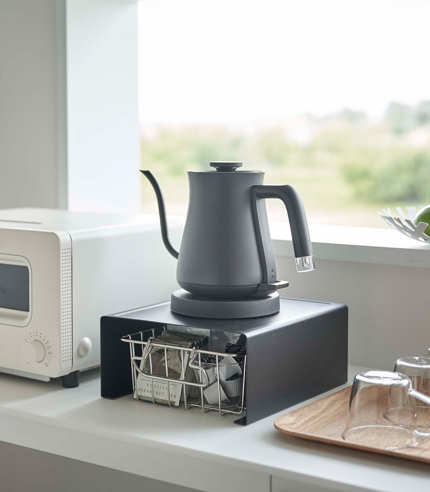Black stackable steel countertop shelf